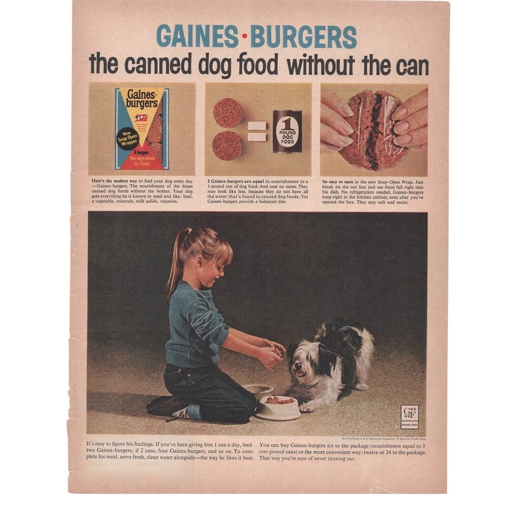 Gaines Burgers Dog Food Magazine Advertisement 1960s Pet Girl Vintage